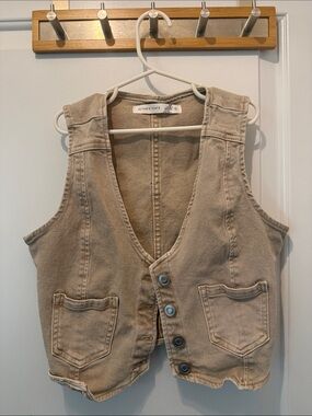 Altar’d State Beige Cotton Button Front Crop Vest
